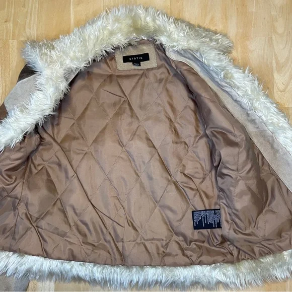 Vintage STATIC Genuine Suede Leather Patchwork Faux Fur Trim Jacket - Brown/Tan - Picture 7 of 16